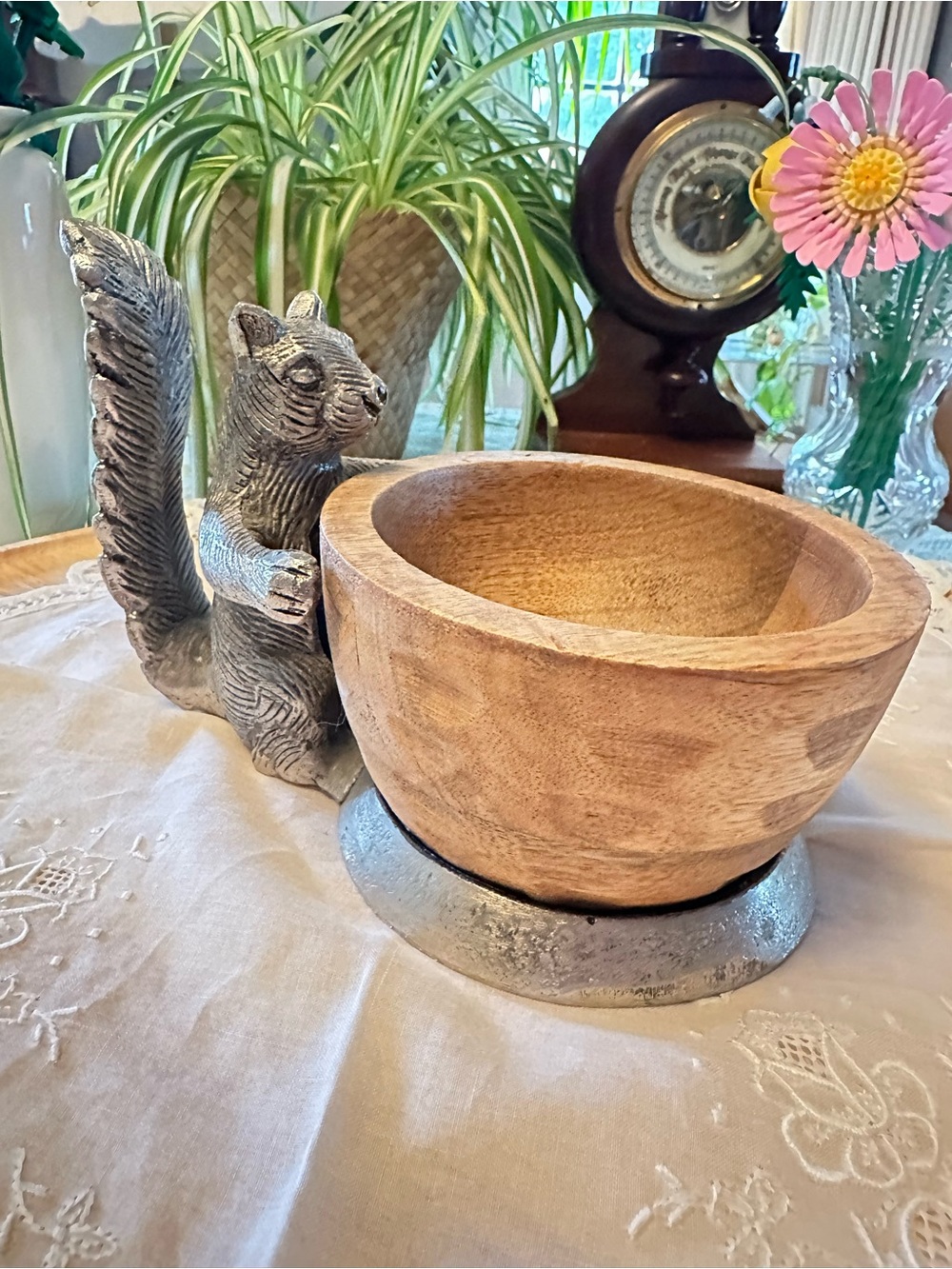 Pewter Squirrel Nut Bowl Holder Removable Wood Bowl Catchall